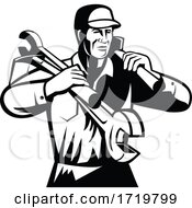 Poster, Art Print Of Handyman Repairman Builder Carrying Spanner And Spade Retro Black And White