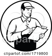 Inspector Or Technician With Clipboard Checklist Inspecting Retro Black And White by patrimonio