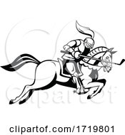 Poster, Art Print Of Knight Riding Horse With Golf Club As Lance Side Cartoon Retro Black And White