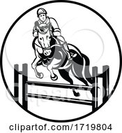 Poster, Art Print Of Rider On Horse Show Jumping Stadium Jumping Or Open Jumping Retro Black And White