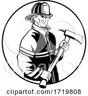 Poster, Art Print Of American Fireman Firefighter First Responder Holding Fire Ax Mascot Black And White