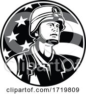 Poster, Art Print Of Bust Of American Soldier Military Serviceman With Usa Stars And Stripes Flag Mascot Black And White