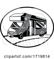 Campervan Or Motorhome Side View Oval Retro Black And White