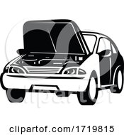 Poster, Art Print Of Automobile Car Auto With Popped Or Open Hood Front View Retro Black And White