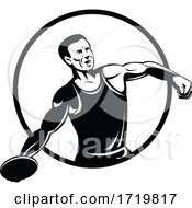 Poster, Art Print Of Discus Throw Or Disc Throw Track And Field Event Athlete Throwing Heavy Disc Retro Black And White