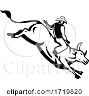 Poster, Art Print Of American Bull Rider Riding A Bucking Bull Retro Black And White