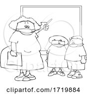 Poster, Art Print Of Cartoon Female Elementary School Teacher And Students Wearing Masks By A Chalkboard Lineart