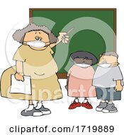 Cartoon Female Elementary School Teacher And Students Wearing Masks By A Chalkboard by djart