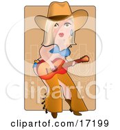 Sexy Blond Caucasian Cowgirl In Chaps A Bra And Underwear Playing A Guitar By A Corral On A Farm