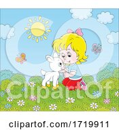 Poster, Art Print Of Cat And Happy Girl Petting A Goat