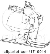 Poster, Art Print Of Cartoon Black And White Overweight Man Wearing A Mask And Skiing