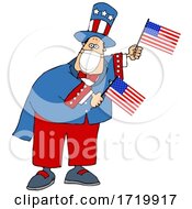 Poster, Art Print Of Cartoon Uncle Sam Wearing A Covid Mask And Waving American Flags