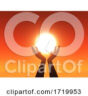 3D Female Hands Cupping Sun In Sunset Sky