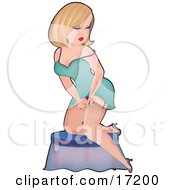 Sexy Blond Caucasian Pinup Woman In A Turquoise Slip Kneeling On A Stool And Putting On Stockings Clipart Illustration