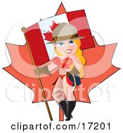 Sexy Blond Caucasian Pinup Woman In A Bikini Undergarments Or Uniform Holding An American Flag And Balancing The Pole On Her Hip And Standing In Front Of A Maple Leaf