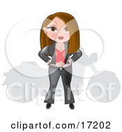 Sexy And Tough Brunette Caucasian Woman In Black Leather And A Red Corset Standing In Front Of A Silhouetted Harley Motorcycle Clipart Illustration by Maria Bell