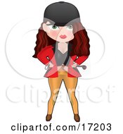 Sexy Long Haired Brunette Equestrian Woman In Tight Clothes Wearing A Helmet And Holding A Stick Clipart Illustration by Maria Bell