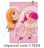 Sexy Red Haired Caucasian Woman In Pink Skimpy Exercise Clothes Bending Forward To Touch Her Toes While Working Out In A Fitness Gym Clipart Illustration