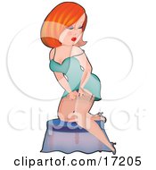 Sexy Red Haired Caucasian Pinup Woman In A Turquoise Slip Kneeling On A Stool And Putting On Stockings Clipart Illustration