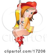 Sexy Dirty Blond Caucasian Woman In Her Bra And Boots Wearing A Firemans Hat And Jacket And Sliding Down A Pole Clipart Illustration