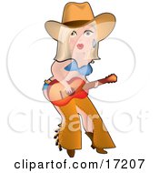 Sexy Blond Caucasian Cowgirl In Chaps A Bra And Underwear Playing A Guitar While Entertaining On Stage Clipart Illustration by Maria Bell