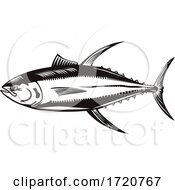 Yellowfin Tuna Or Thunnus Albacares Swimming Side Retro Woodcut Black And White