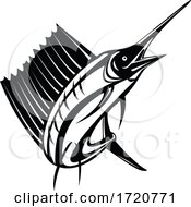 Poster, Art Print Of Atlantic Sailfish Or Indo Pacific Sailfish A Billfish Jumping Up Retro Woodcut Black And White