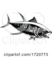 Yellowfin Tuna Thunnus Albacares Or Ahi Swimming Side Retro Black And White