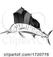 Poster, Art Print Of Indo Pacific Sailfish Or Billfish Jumping Up Side Retro Woodcut Black And White