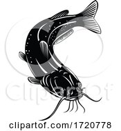 Poster, Art Print Of North American Channel Catfish Ictalurus Punctatus Or Channel Cat Swimming Down Retro Woodcut Black And White