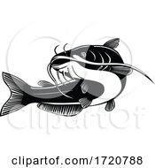 Poster, Art Print Of North American Blue Catfish Ictalurus Furcatus Swimming Up Retro Woodcut Black And White
