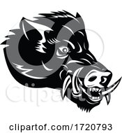 Poster, Art Print Of Angry Wild Boar Or Common Wild Pig Head Side Mascot Woodcut Black And White
