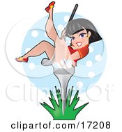 Sexy Black Haired Woman Holding A Golf Club Between Her Legs And Leaning Back On A Golf Tee In Grass Clipart Illustration