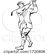 Vintage Golfer With Golf Club Golfing Or Teeing Off Retro Stencil Black And White by patrimonio