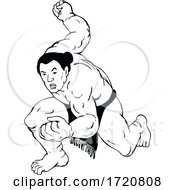 Poster, Art Print Of Professional Sumo Wrestler Or Rikishi In Fighting Stance Ukiyo E Or Ukiyo Black And White Style