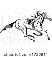 Poster, Art Print Of Jockey Riding Horse Horseback Or Horse Racing Retro Black And White