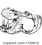 Poster, Art Print Of Head Of Hippo Common Hippopotamus Or River Hippopotamus Side View Retro Woodcut Black And White