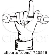 Mechanic Hand Holding Spanner Or Wrench Index Finger Pointing Up Retro Woodcut Black And White