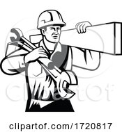 Poster, Art Print Of Handyman Or Builder Carrying Timber Spanner And Spade Retro Black And White