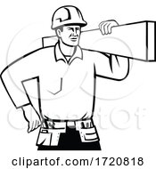 Poster, Art Print Of Builder Or Handyman Wearing Hard Hat Carrying Timber Retro Black And White