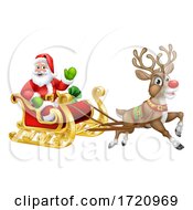 Poster, Art Print Of Santa Claus Christmas Reindeer Sleigh Sled Cartoon