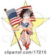 Sexy Brunette Caucasian Pinup Woman In A Bikini Standing In Front Of A Star And Holding An American Flag Clipart Illustration