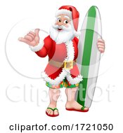 Surfing Shaka Santa Surfboard Christmas Cartoon by AtStockIllustration