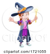 Poster, Art Print Of Kid Cartoon Girl Child In Witch Halloween Costume