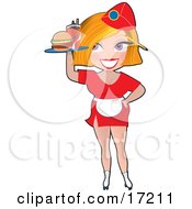 Sexy Blond Caucasian Waitress In A Small Red Dress And Apron Rollerskating And Serving A Cola And Hamburger Clipart Illustration by Maria Bell