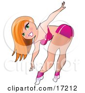 Sexy Red Haired Caucasian Woman In A Pink Bra And Shorts Bending Over To Touch Her Toes While Working Out In A Fitness Gym Clipart Illustration