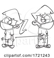 Cartoon Lineart Kids Wearing Masks And Keeping Social Distance With A Tape Measure