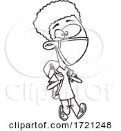 Poster, Art Print Of Cartoon Black And White Boy Wearing A Mask And Going Back To School