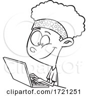 Poster, Art Print Of Cartoon Black And White Girl Using A Laptop Computer For Distance Learning