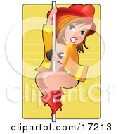 Sexy Dirty Blond Caucasian Woman In A Firemans Hat And Jacket Sliding Down A Pole In Her Bra And Boots